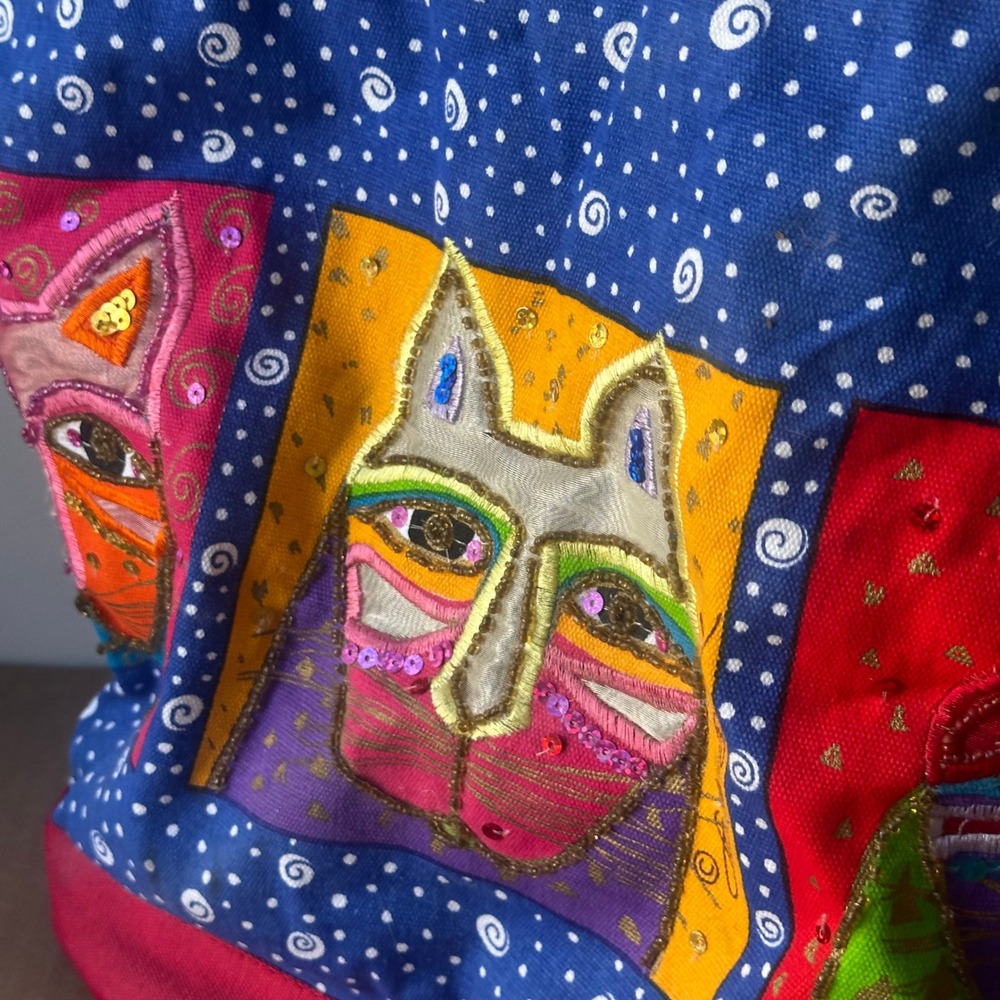 Laurel Burch Canvas Tote Bag Red Blue Three Cats Sequin Embroidered Shoulder Bag - Picture 8 of 16